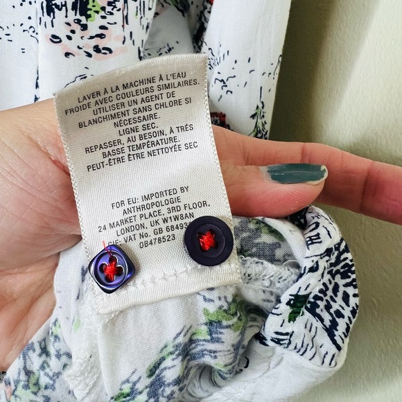 Anthropologie Maeve Swing Blouse SMALL Toile Novelty Tie Neck 3/4 Sleeve Button - Picture 7 of 12